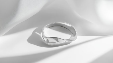 This image features an elegant silver ring placed on soft white fabric, creating a minimalist scene with striking contrasts of light and shadow.の素材