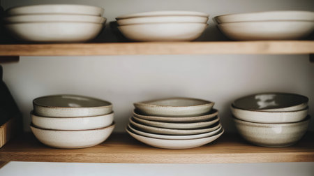 A beautifully organized selection of simple tableware in neutral colors displayed on wooden shelves, creating a cozy and inviting atmosphere for dining.の素材