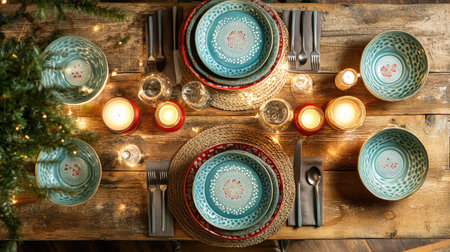 This image features an elegant table setting with colorful ceramic plates and cutlery, surrounded by soft candlelight and greenery on a rustic wooden surface. Perfect for creating an inviting ambiance for any dining occasion.の素材