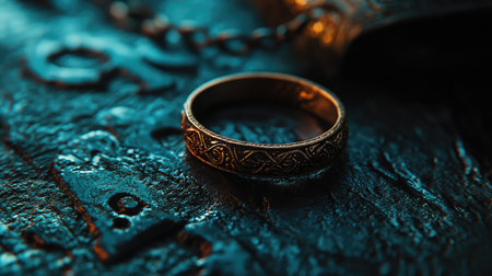 This image features a beautifully crafted gold ring with intricate designs, set against a textured surface. Soft blue and warm orange lighting enhances its elegance and charm.の素材