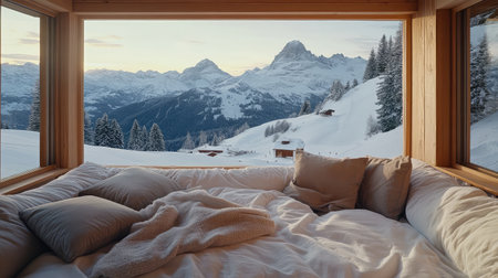 Experience the ultimate relaxation in a modern cabin setting, featuring a stunning mountain view surrounded by snow, perfect for winter escapes.の素材