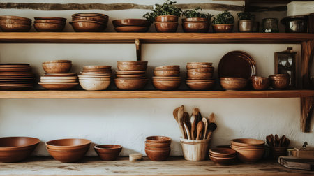 A charming display of rustic wooden kitchenware, this image showcases various bowls and plates on shelves accented by fresh herbs and cozy decor, embodying a warm, inviting atmosphere perfect for culinary inspiration.の素材