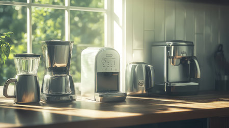 A serene kitchen scene illuminated by soft morning light showcases an array of modern coffee makers on a wooden countertop, creating a warm and inviting atmosphere for coffee lovers.の素材