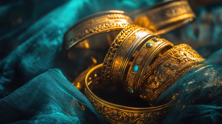 This captivating image showcases a collection of luxurious gold bangles adorned with intricate designs, resting elegantly on a rich teal fabric. The vibrant colors and exquisite craftsmanship evoke a sense of elegance and tradition, making it perfect for showcasing jewelry or fashion themes.の素材