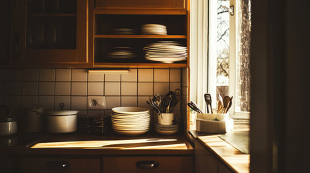 A cozy kitchen bathed in warm sunlight showcases an organized array of plates and utensils. The serene atmosphere enhances the domestic charm and simplicity of home life.の素材
