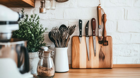 A charming kitchen scene featuring a wooden cutting board with essential knives, whisks, and a green plant, set against a bright white brick wall, perfect for culinary inspiration.の素材