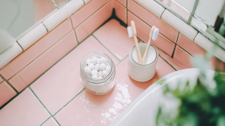 This image captures a serene bathroom scene featuring pink tiles and eco-friendly oral hygiene items, creating a calming and inviting atmosphere.の素材