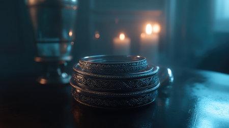 Capture the charm of elegant antique silver plates with intricate designs, beautifully illuminated by soft candlelight and creating a warm, inviting atmosphere.の素材