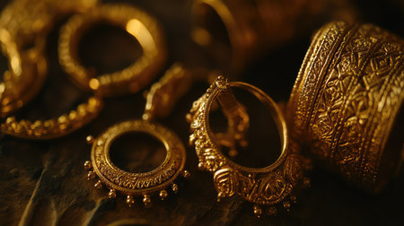 A stunning collection of intricate antique gold jewelry pieces, showcasing detailed craftsmanship and ornate designs on a textured surface, perfect for luxury contexts.の素材