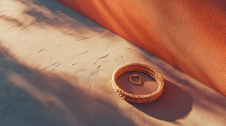This elegant minimalist composition features a twisted rope bowl paired with a golden ring, set against a textured surface and warm wall. The play of light and shadow creates a serene atmosphere.の素材