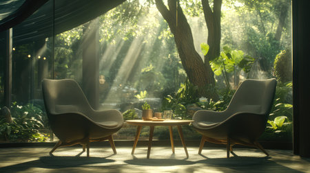 A relaxing indoor scene featuring two comfortable chairs bathed in soft sunlight, surrounded by lush greenery, perfect for a tranquil retreat.の素材