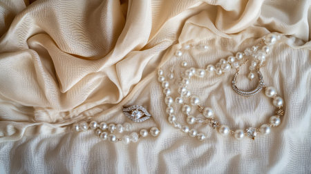 This exquisite arrangement showcases elegant jewelry including pearls and sparkling accents, beautifully displayed on soft cream fabric, perfect for luxurious occasions.の素材