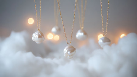 This enchanting image features exquisite pearl necklaces suspended elegantly over soft clouds, creating a dreamy atmosphere with delicate bokeh lighting.の素材