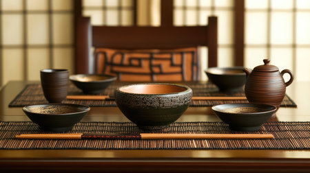A serene Japanese dining table featuring handcrafted ceramics and subtle lighting through shoji screens, creating a peaceful atmosphere for mealtime.の素材