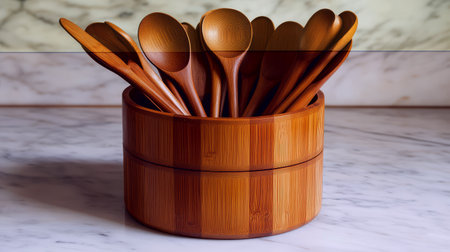 A beautiful arrangement of bamboo kitchen utensils displayed in a chic container, situated on a marble countertop, perfect for culinary tasks and decor.の素材