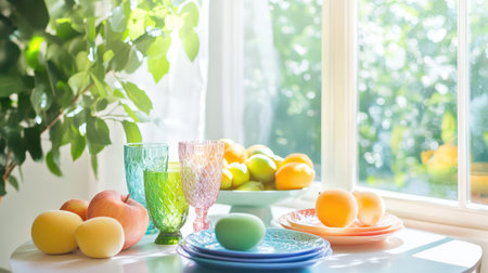 A vibrant arrangement of colorful fruits and elegant glassware showcased on a sunny windowsill, highlighting a cheerful and fresh atmosphere in the kitchen.の素材