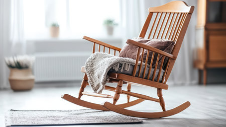 A charming wooden rocking chair adorned with a soft throw and cushions sits in a bright indoor space, creating an inviting atmosphere perfect for relaxation.の素材