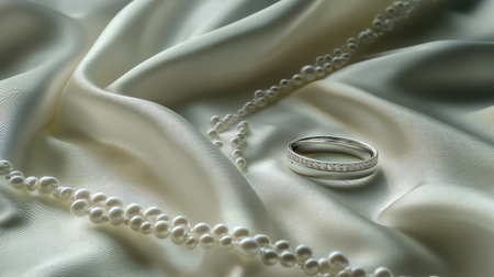 This image showcases an elegant silver ring adorned with sparkling diamonds, resting gracefully on luxurious silk fabric with pearls elegantly draped nearby.の素材