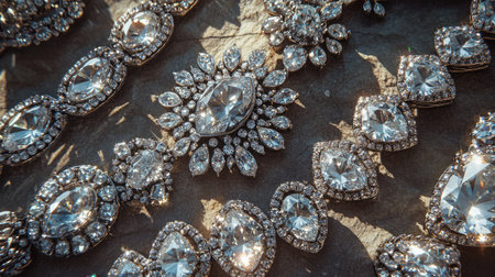 A stunning arrangement of reflective gemstones and jewelry, showcasing intricate designs and brilliant sparkle, ideal for luxury and fashion themes.の素材