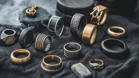 A captivating assortment of beautifully crafted rings featuring various textures and materials displayed on dark fabric, creating a mysterious and elegant atmosphere.の素材