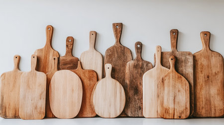 This image showcases a diverse collection of rustic wooden cutting boards, each with unique shapes and textures. Ideal for kitchen decor and food presentation, these boards highlight the beauty of natural materials. Perfect for culinary enthusiasts and home cooks looking to enhance their kitchen space.の素材