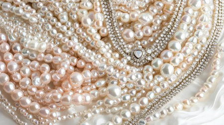 This captivating image showcases a luxurious arrangement of pearls and crystals, perfect for fashion, jewelry design, and elegant inspirations. The soft hues and textures invite admiration and creativity.の素材