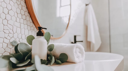 A beautifully arranged bathroom scene featuring a bottle of hand soap, soft white towel, and lush eucalyptus, creating a serene and inviting atmosphere.の素材
