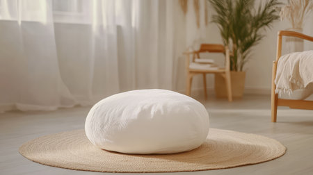 A serene and inviting setting featuring a plush white cushion on a woven rug. Soft natural light fills the space, complemented by greenery, creating a peaceful atmosphere ideal for relaxation and comfort.の素材