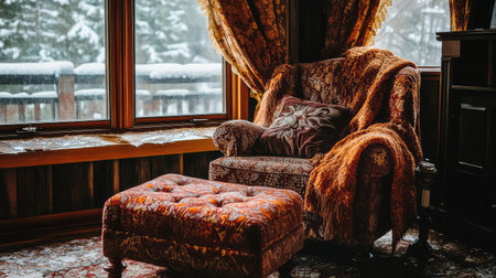 This image captures a cozy vintage armchair paired with a stylish ottoman in a rustic cabin. Snow falls gently outside the window, creating a serene winter ambiance ideal for relaxation.の素材
