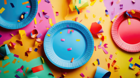 Brightly colored plates and confetti scattered across a vibrant background create a joyful and festive atmosphere perfect for any celebration or event.の素材