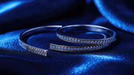 This captivating image features elegant silver rings adorned with blue gemstones, resting on a rich satin fabric. Ideal for jewelry promotion or social media.の素材