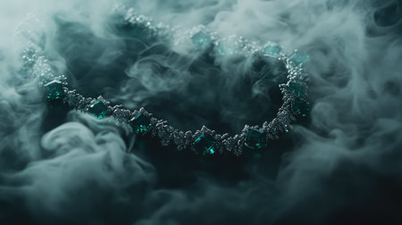 A beautifully designed emerald necklace shines against a backdrop of swirling smoke, combining luxury and artistry in this captivating jewelry photograph.の素材