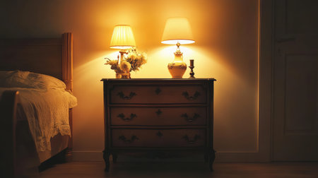 A serene bedroom scene featuring a vintage dresser adorned with two glowing lamps and a flower vase, creating a tranquil atmosphere perfect for relaxation.の素材