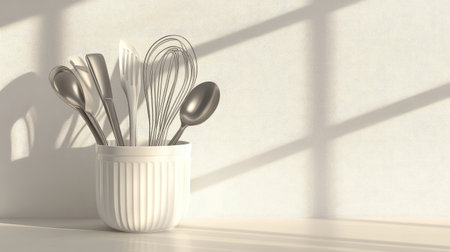 A minimalist composition featuring an elegant white holder filled with various kitchen utensils, including a spoon, fork, knife, and whisk, illuminated by soft natural light and casting gentle shadows, perfect for culinary-themed projects.の素材