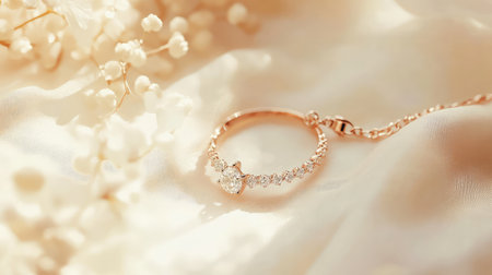 This stunning rose gold ring features a clear gemstone and intricate detailing, set against soft fabric and delicate flowers, creating a romantic ambiance.の素材