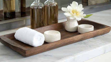 A serene and stylish spa setup featuring a white towel, two cream jars, and a fresh flower arranged on a wooden tray, perfect for relaxation.の素材