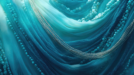 This image features a stunning arrangement of flowing textiles in aqua and blue shades, beautifully intertwined with pearls and beads. Ideal for various decorative and artistic applications.の素材