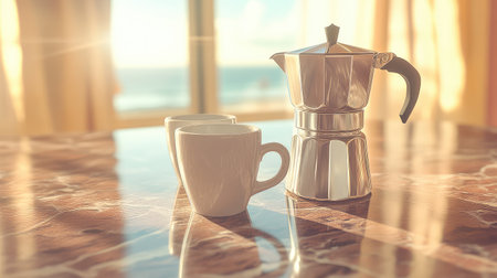 Stylish espresso maker and two white cups set on a marble table, illuminated by soft sunlight, inviting a cozy morning coffee experience in a serene environment.の素材