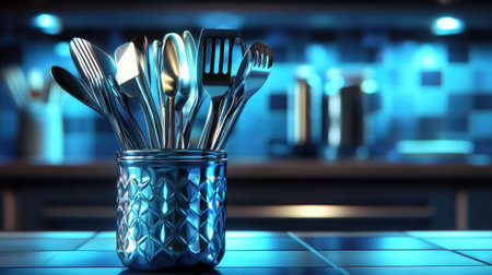 Bright kitchen scene featuring a glass jar filled with various stainless steel utensils against a blue backdrop. Perfect for culinary and cooking projects.の素材