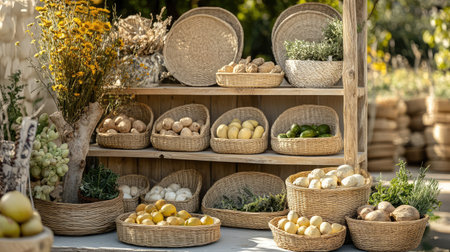 A charming outdoor market stall showcasing an array of fresh, organic fruits and vegetables arranged in rustic woven baskets. The natural setting highlights the vibrant colors and textures, emphasizing healthy eating and seasonal produce.の素材