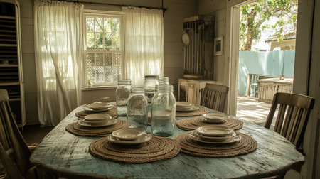 This cozy rustic dining area features a charming table set with glass jars and simple dishware, inviting warm gatherings filled with natural light.の素材
