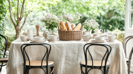 A warm and inviting dining table adorned with fresh bread, delicate flowers, and rustic decor, perfect for gatherings and meals in a serene setting.の素材