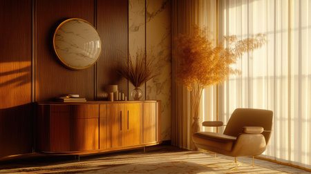 This captivating living room showcases a blend of modern design and natural elements. Soft sunlight filters through sheer curtains, enhancing warmth and comfort.の素材