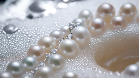 This stunning close-up showcases elegant pearls and brilliant diamonds arranged gracefully on a soft surface with delicate bubbles, embodying luxury and beauty.の素材