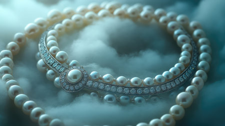 This image showcases an elegant pearl necklace adorned with sparkling diamonds, resting on a soft, cloudy background, radiating luxury and beauty.の素材