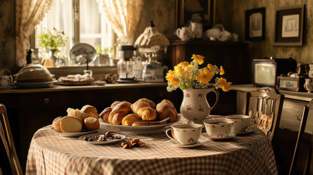 A warm and inviting breakfast scene featuring an array of fresh pastries, a vibrant flower arrangement, and cozy kitchen decor, perfect for morning meals.の素材
