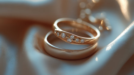 A captivating close-up of two elegant gold rings adorned with diamonds, resting gracefully on a soft satin fabric. Perfect for showcasing luxury and romance.の素材