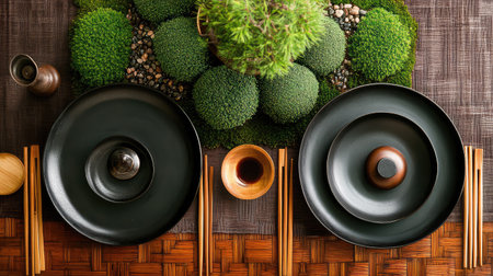 A tranquil Japanese dining setup showcasing elegant bowls and chopsticks on a beautifully decorated table with greenery, stones, and a serene atmosphere.の素材