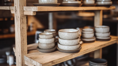 A cozy and rustic kitchen scene featuring a well-arranged display of various ceramic bowls and plates on wooden shelves, perfect for home decor.の素材