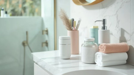 This image showcases a modern bathroom setting featuring stylish accessories, soft towels, and a serene atmosphere, perfect for relaxation and elegance.の素材